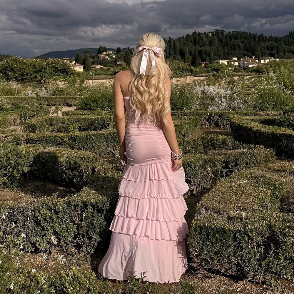 Oh Polly Hayami Bandeau Ruched Ruffle-Trim Maxi Dress in Blush - Size 2 - Picture 3 of 16